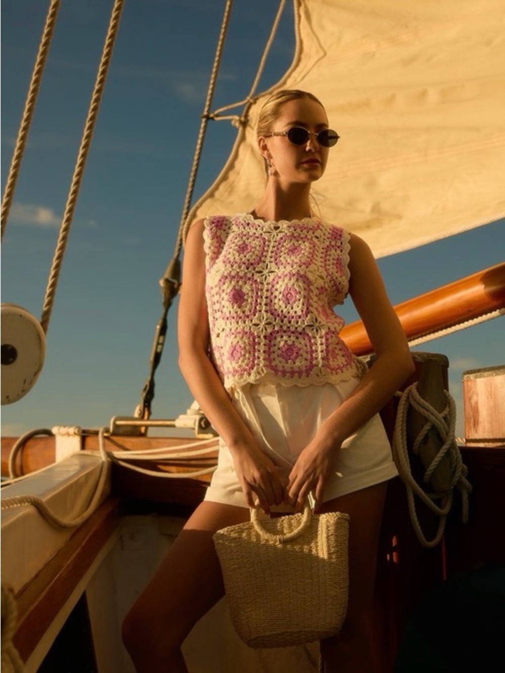 278 Gilli Crochet Square Tank Top in Cream and Lavender